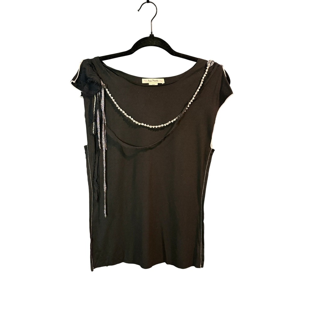 Free People Black Embellished Cap Sleeve Top Womens‎ Small Boho Beaded Fringe